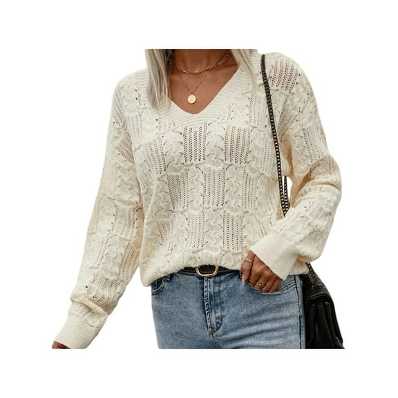 Women'S Trendy V Neck Hollow Knit Long Sleeve Loose Pullover Sweater Color XL