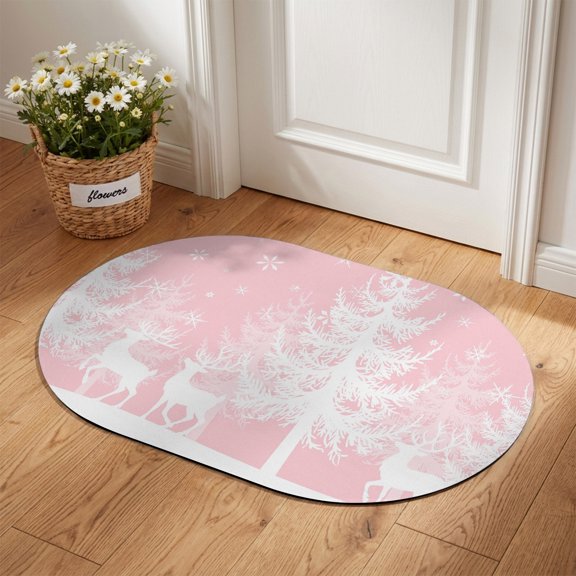 Oval Door Mat 20"x31.5", Christmas Pink Absorbent Non Slip Front Door Mat, White Xmas Tree Elk Winter Snowflake Diatomaceous Entryway Rug for Indoor Patio Living Room Kitchen Door Entrance