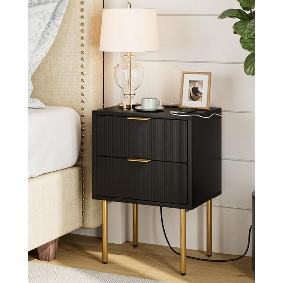 Nightstand with Charging Station,Mid-Century Modern Bedside Table with Storage Drawer and Open Wood Shelf,Small Gold Frame Side Table for Bedroom,Living Room