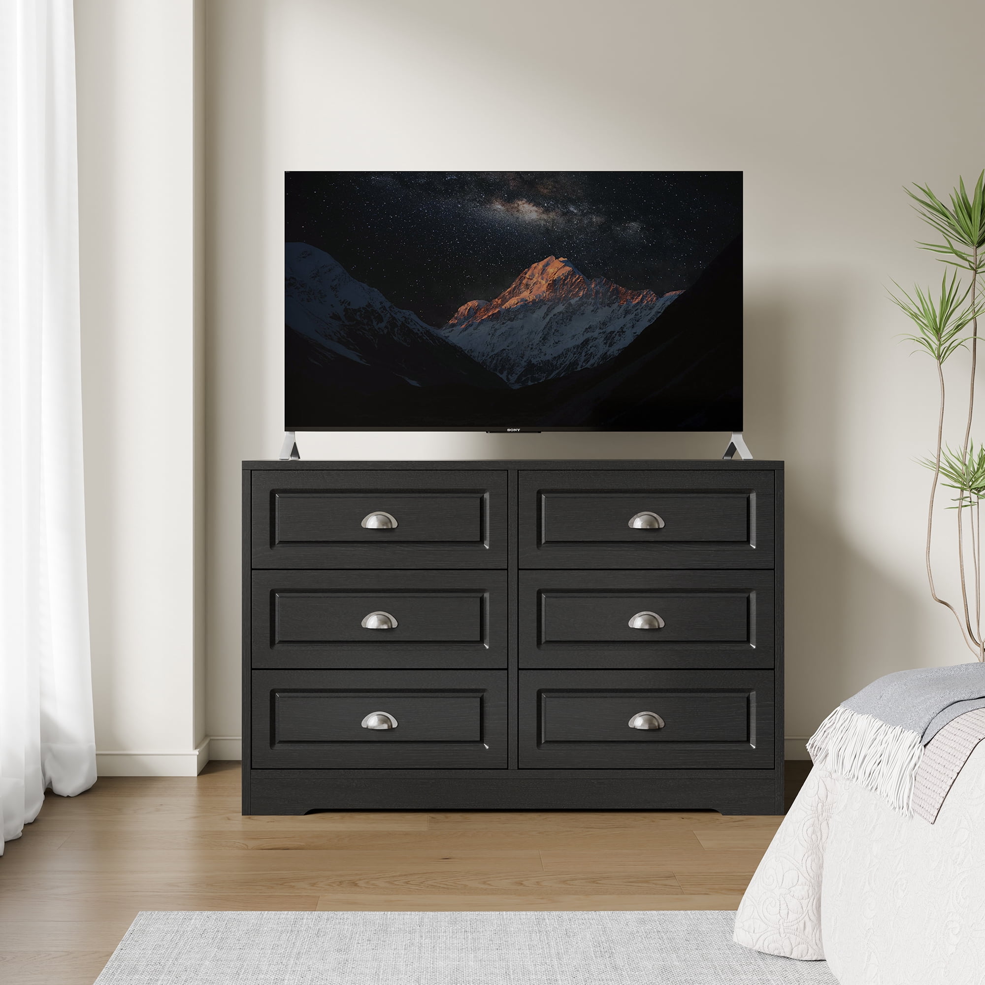 Walsunny 6 Drawer Wooden Dressers for Bedroom Adult with Metal Handles Modern Chest of Dresser Organizer Wood Storage Cabinet Black