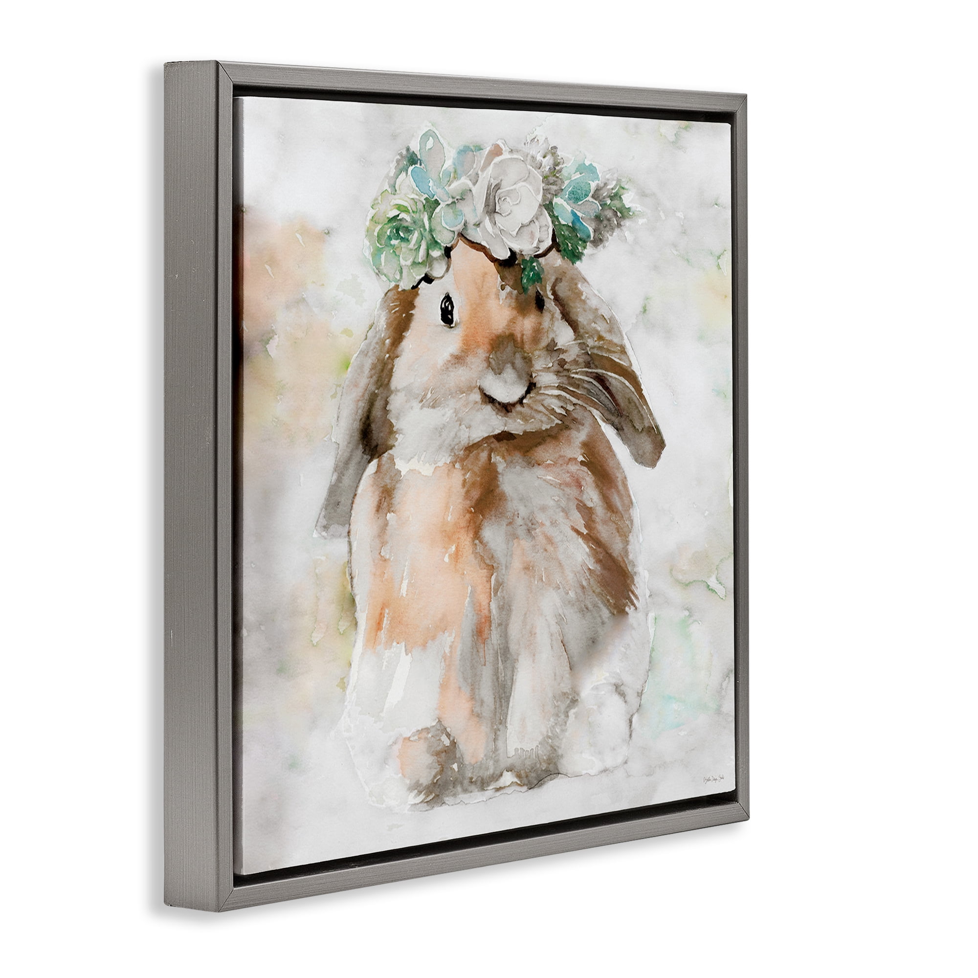 Stupell Industries Bunny & Spring Floral Crown Animals & Insects Painting Gray Floater Framed Canvas Art Print Wall Art, 25 x 25