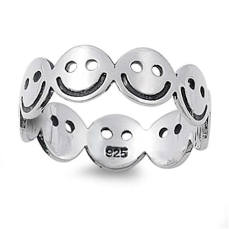 Face Ring - Smiley Face Band .925 Sterling Silver Ring Sizes 4-10