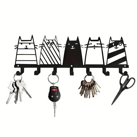 HELLOYOUNG Wall Mount Cat Key Holder Coat Rack, Modern Key Organizer with Multi Hooks for Entryway, Home Decor Storage Shelf