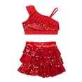 thumbnail image 3 of iEFiEL Kids Girls Dance Outfit Asymmetrical Sequins Crop Top with Tiered Ruffle Skirted Shorts Culottes Dancewear Red 6, 3 of 5