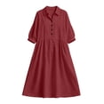thumbnail image 5 of QUNYINEY A Line Dresses for Women Cotton Linen 3/4 Sleeve Midi Shirt Dress Collared Button Loose Fit Solid with Pockets Dresses S-2XL, 5 of 7