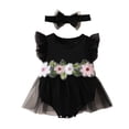 thumbnail image 3 of Likimi Newborn Baby Girls Romper With Headband Flutter Sleeve Floral Prints Crew Neck Summer Fashion Comfort Bodysuits Black Size 1-3 Months, 3 of 5