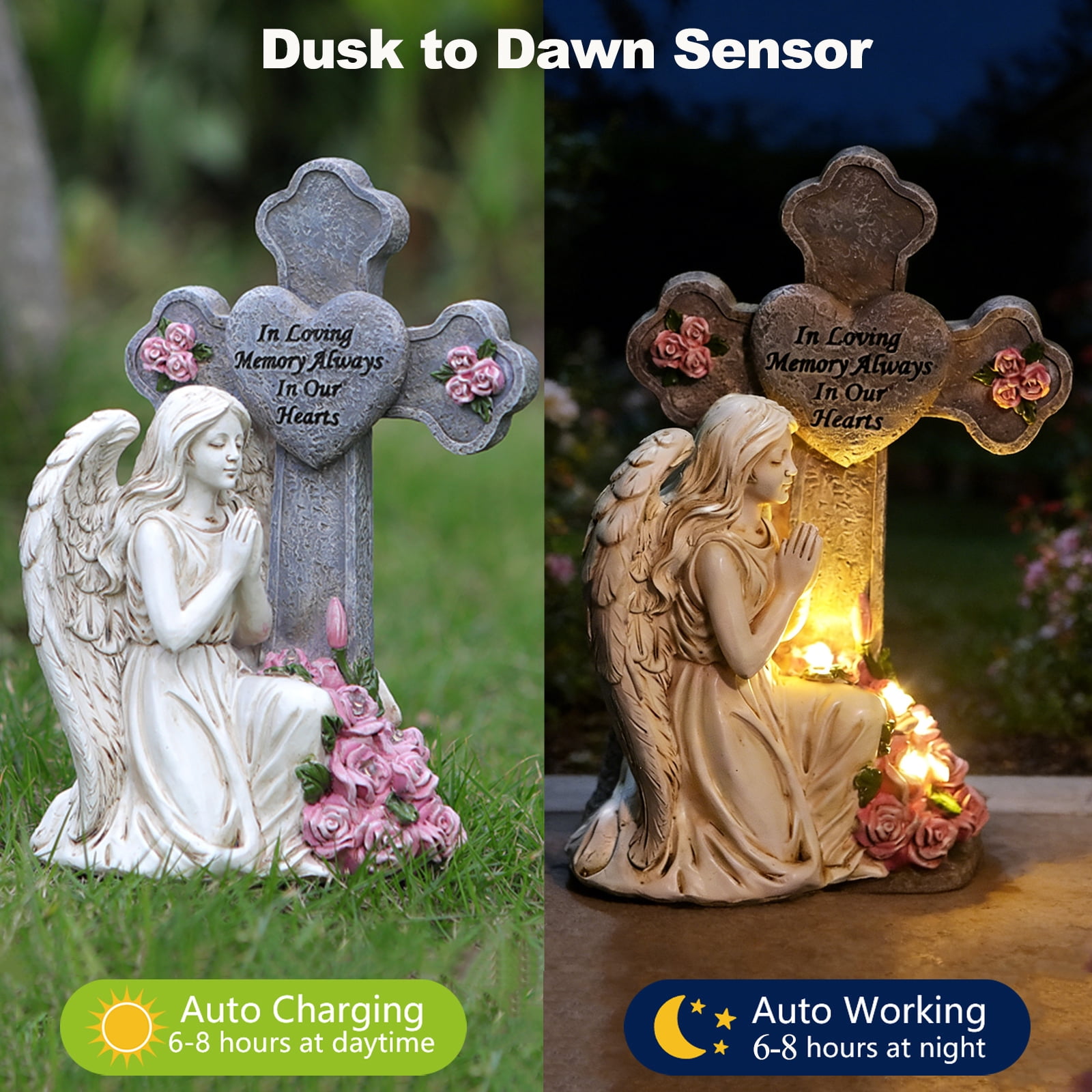 Solar Angel Statue for Grave, Praying Angel Figurines Garden Statues Outdoor Waterproof, Resin Decor Memorial Statue for Garden Yard Lawn Grave Cemetery Decor, Memorial Gifts for Loss of Loved One