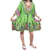 Mogul Women's Kaftan Top Dashiki Print Green V-Neckline Beach Cover Up Dress
