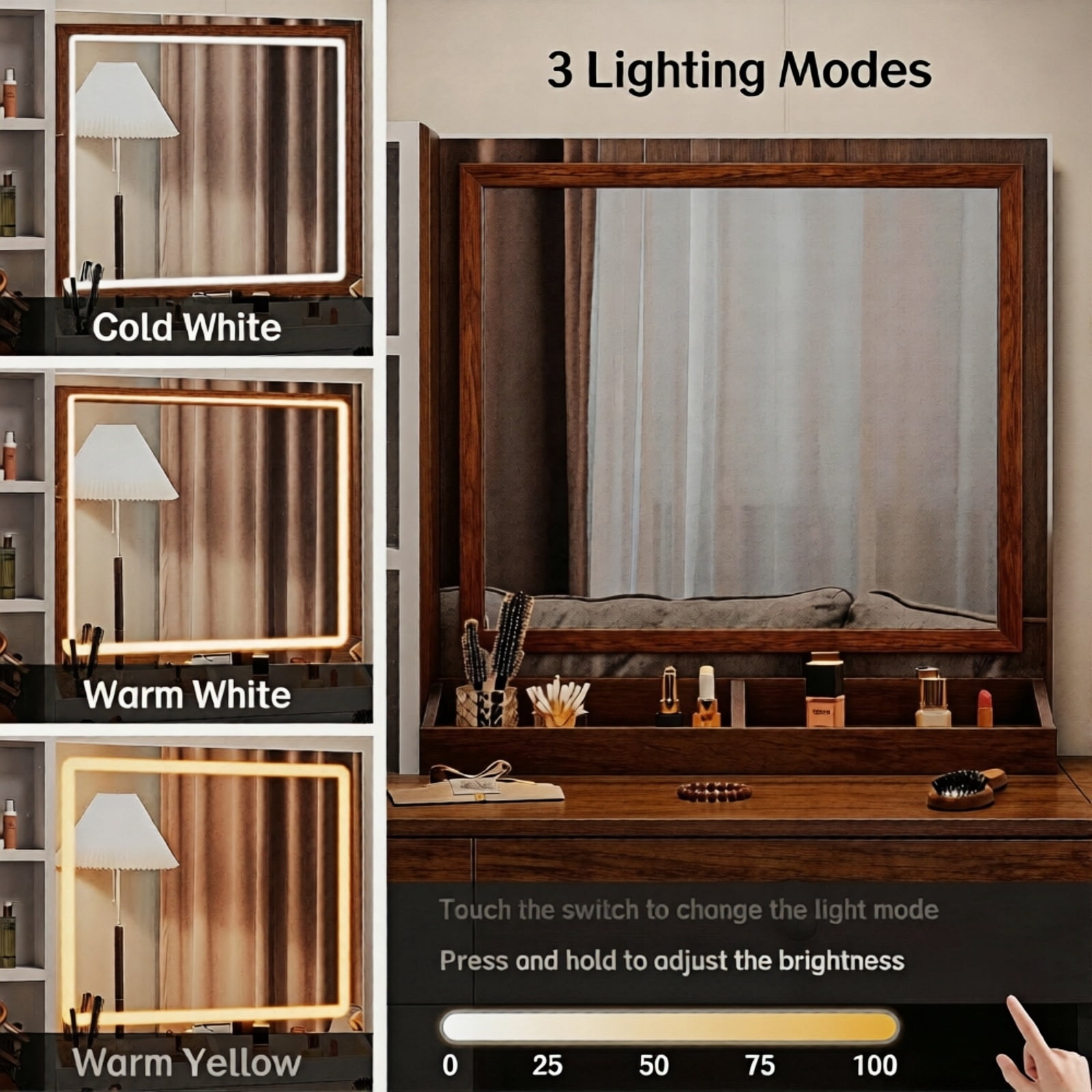 Haewon 35" Vanity Desk with Mirror, LED Light, Power Outlet, Makeup Vanity with Storage Cabinet and Foldable Panel, Vanity Set with Cushioned Stool, Brown