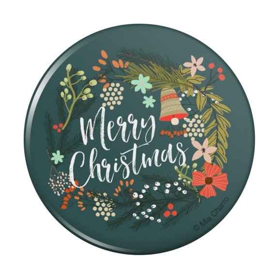 Merry Christmas Wreath Mistletoe Bell Pinback Button Pin