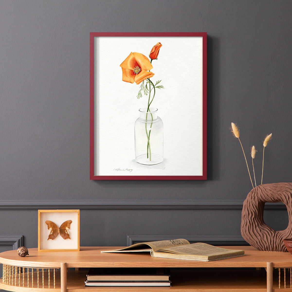California Poppy Vase I Framed Print in Red Solid Wood Framed Print No Nail Hanging