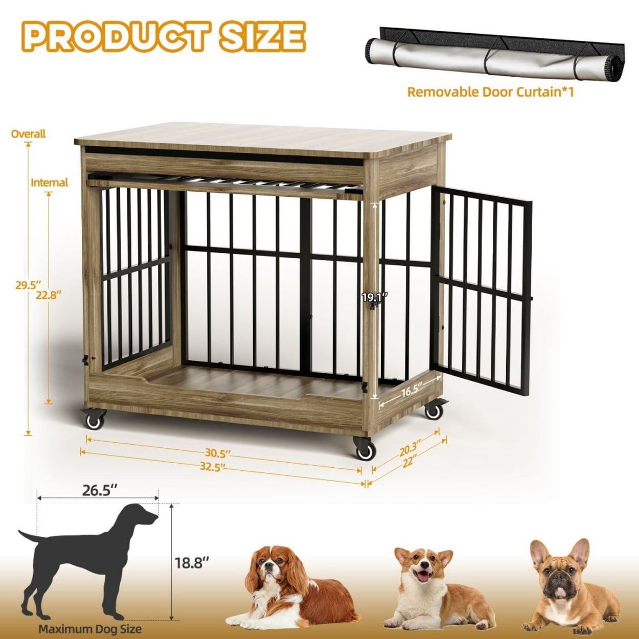32" Dog Crate Furniture, Wooden Dog Kennel with Double Doors & Wheels, Indoor Dog Cage End Table for Small & Medium Dogs, Furniture Style Pet Crate, Greige