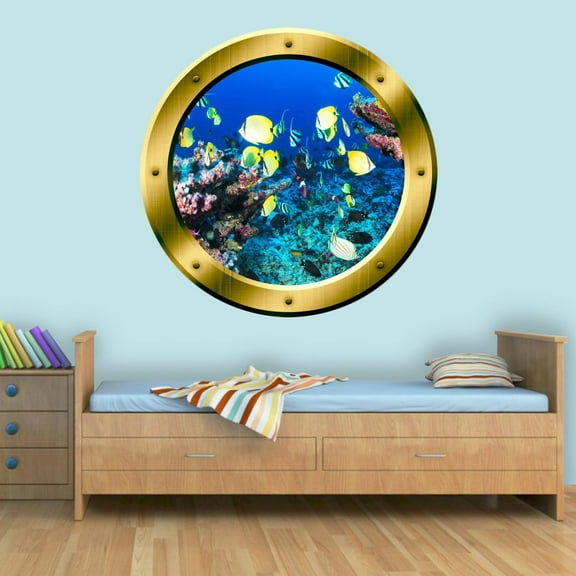 VWAQ School Of Fish Coral Reef Wall Decal Porthole Ocean Wall Sticker Home Decor - GP16 (14" Diameter)