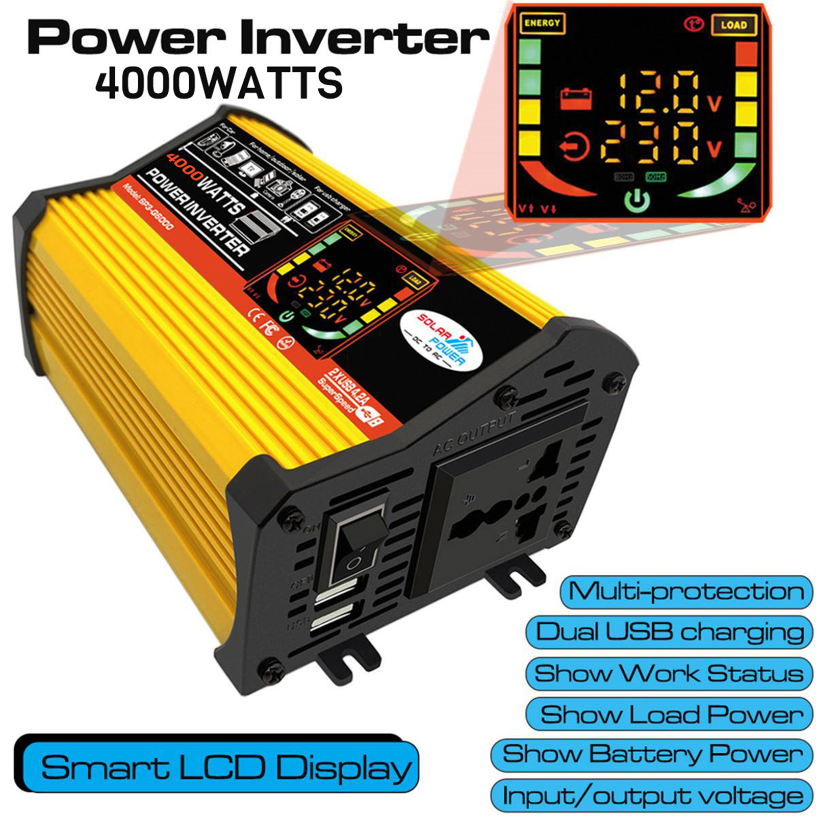 WheelX Portable Car Power Inverter 4000W,DC12V to AC110/220V Transformer, Modified Sinewave Inverter with Dual USB, LED Display