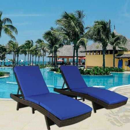 Patio Lounge Chair Garden Chaise Lounge Brown Rattan Royal Blue Cushion Recliners Outdoor Pool Chair Sunbed