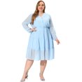 thumbnail image 3 of Women's Plus Size Midi Dresses Swiss Dots Long Sleeve V Neck Chiffon Dress Light Blue 1X, 3 of 6