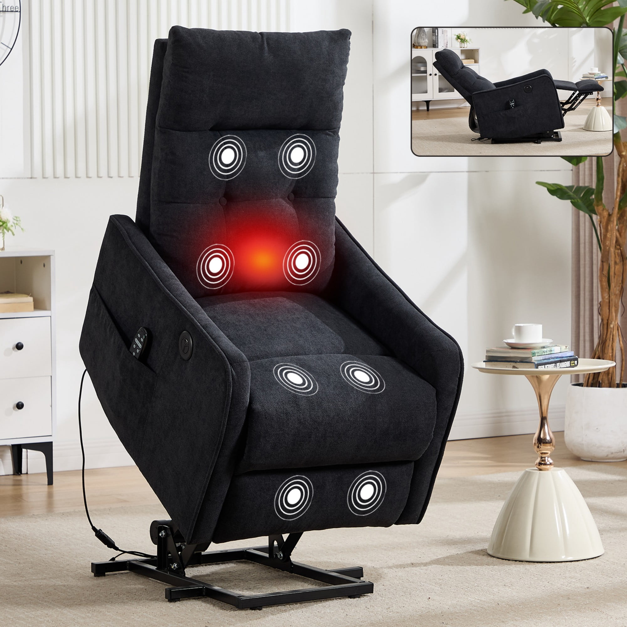 BSHTI Chenille Power Lift Recliner Chair with Vibration Massage, Lumbar Heat, USB Charging for Living Room(Black)
