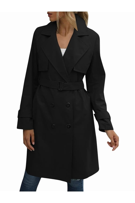 Women'S Double Breasted Long Sleeves Long Trench Coat Windproof Classic Lapel Slim Overcoat with Belt Black L
