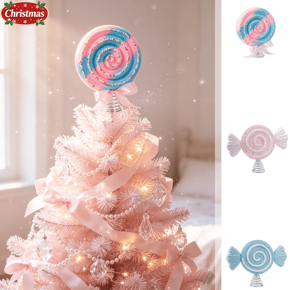 Candy‑Shaped Christmas Tree Topper, Glitter Beaded Lollipop Tree Top Ornament with Satin Bow & Spring Base, Sweet Pastel Candyland Style Decor for Xmas Tree Mantel Table Christmas Decorations