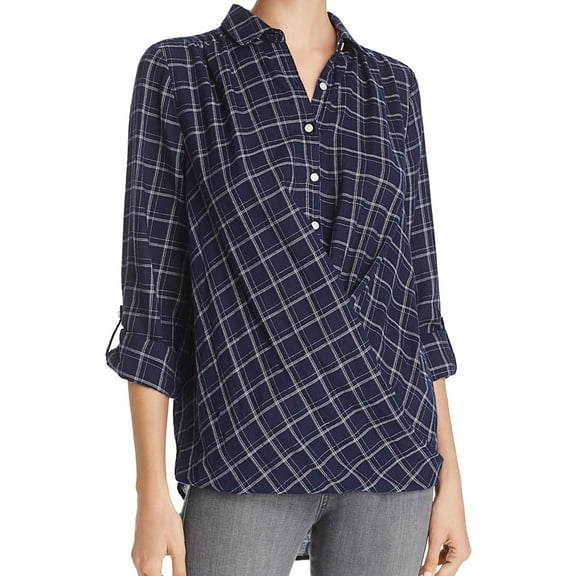 Trovata Womens Plaid Twist Button-Down Top Navy S
