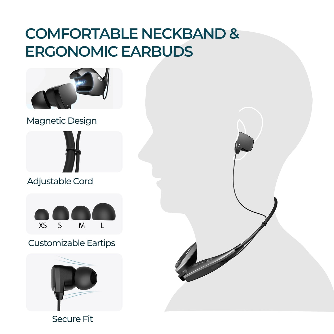 Mpow Neckband Bluetooth Headphones, Around The Neck Headphones 24H+ Playtime, Bluetooth Headsets with Call Vibration, Shark Jaw Design Wireless Earbuds+Noise Isolation/Built-in Mic/IPX7 Waterproof