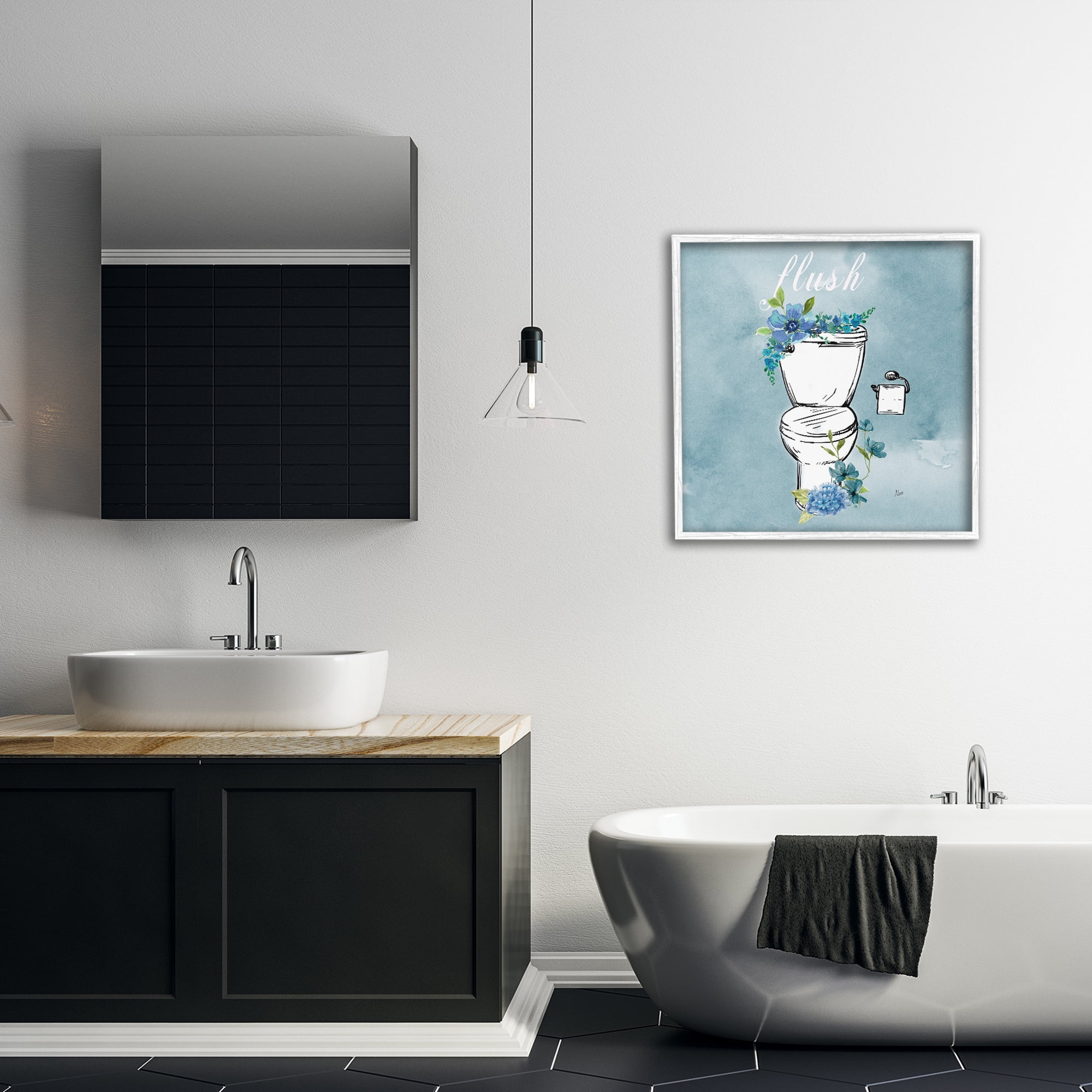 Stupell Industries Floral Bathroom Rules Flush White Framed Giclee Art, design by Nan