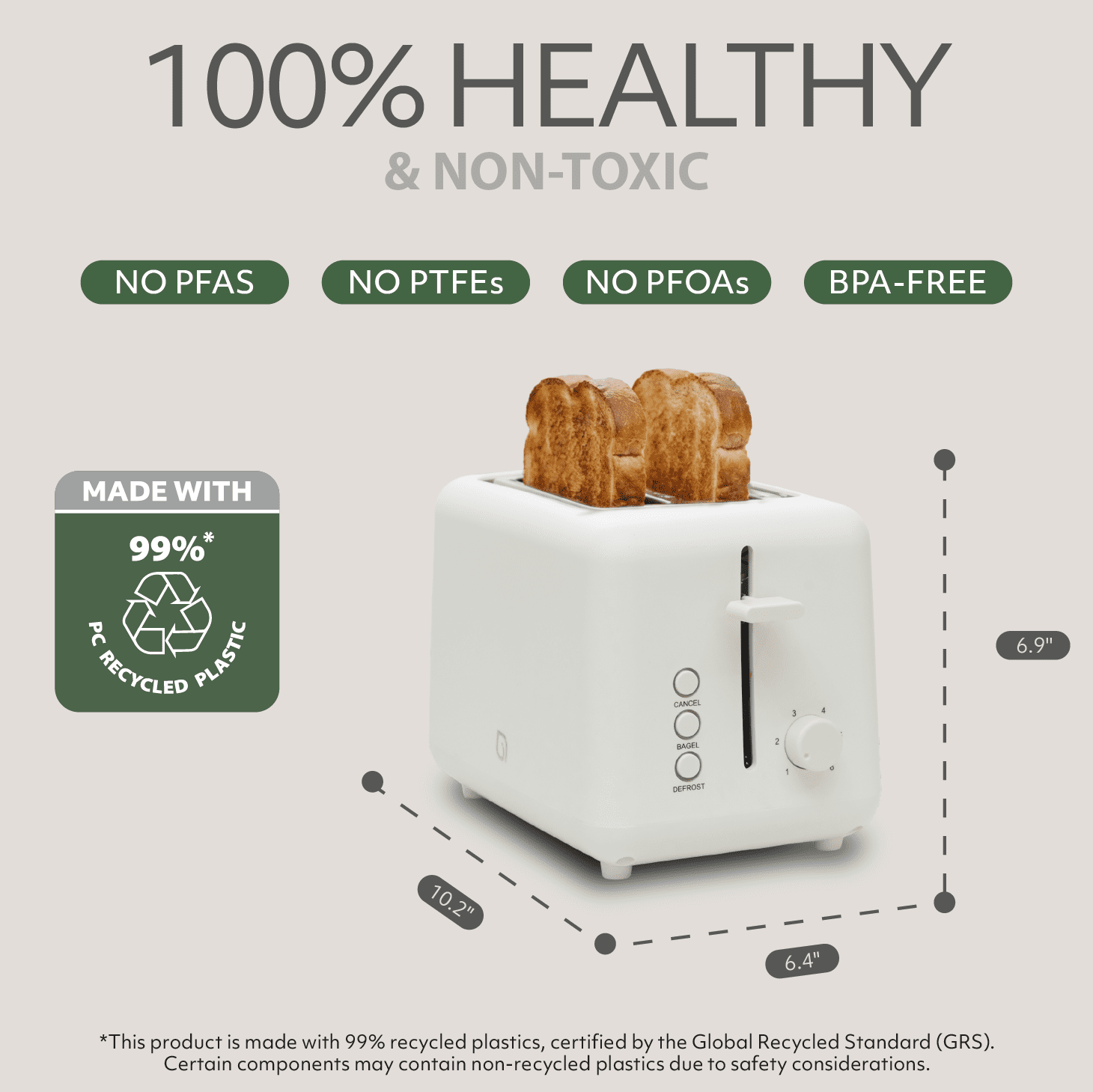 Willow Kitchen Toaster 2 Slice Wide Slot Toaster 6 Shade Settings Defrost Function Bread and Bagel Toaster, White