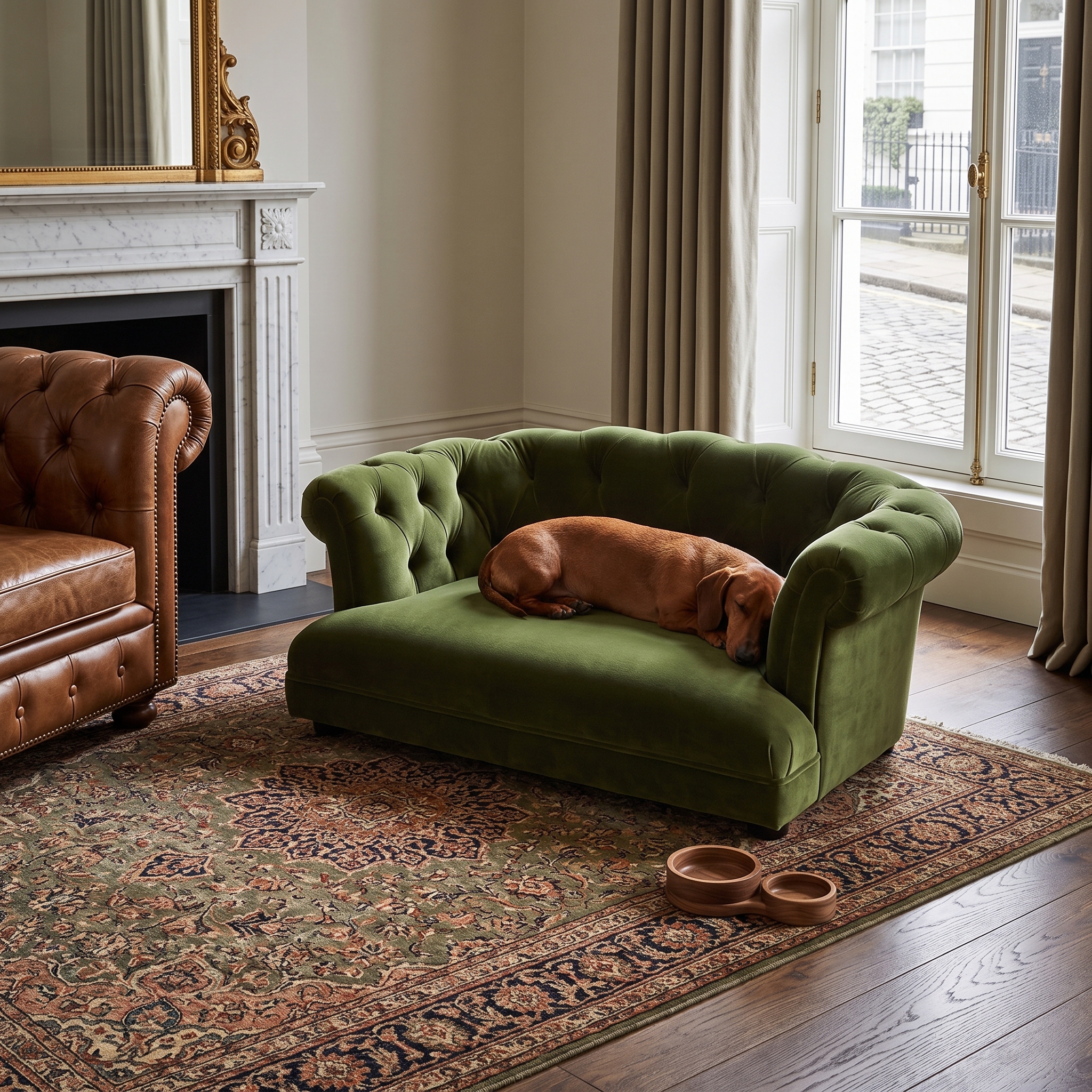 36.5" Chesterfield Dog Sofa Bed, Medium, Olive Green Performance Velvet