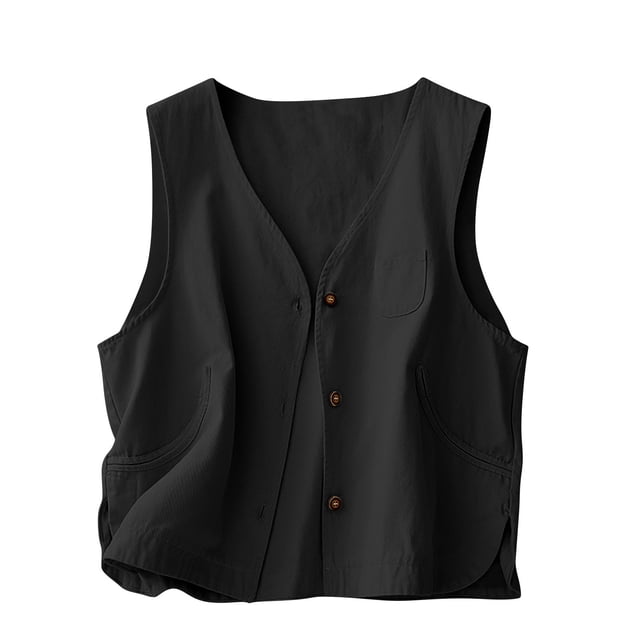 Kovlvoll Womens Tops V Neck Button Solid Color Sleeveless Casual Loose Vests with Pockets