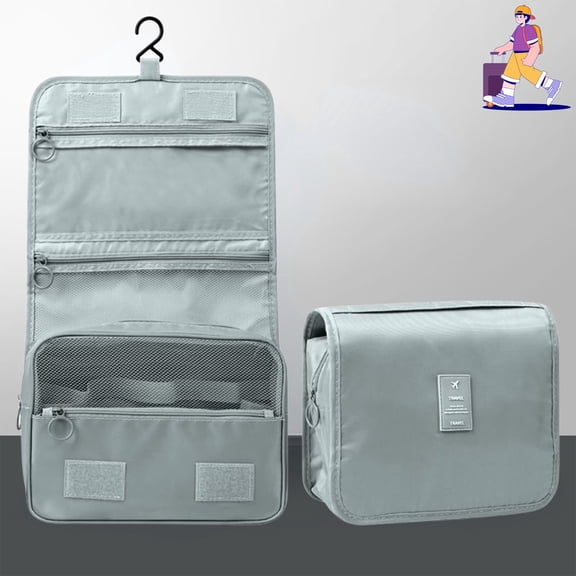Gray Hanging Travel Toiletry Bag, Large Cosmetic Makeup Organizer with Heavy-Duty Hook for Men and Women