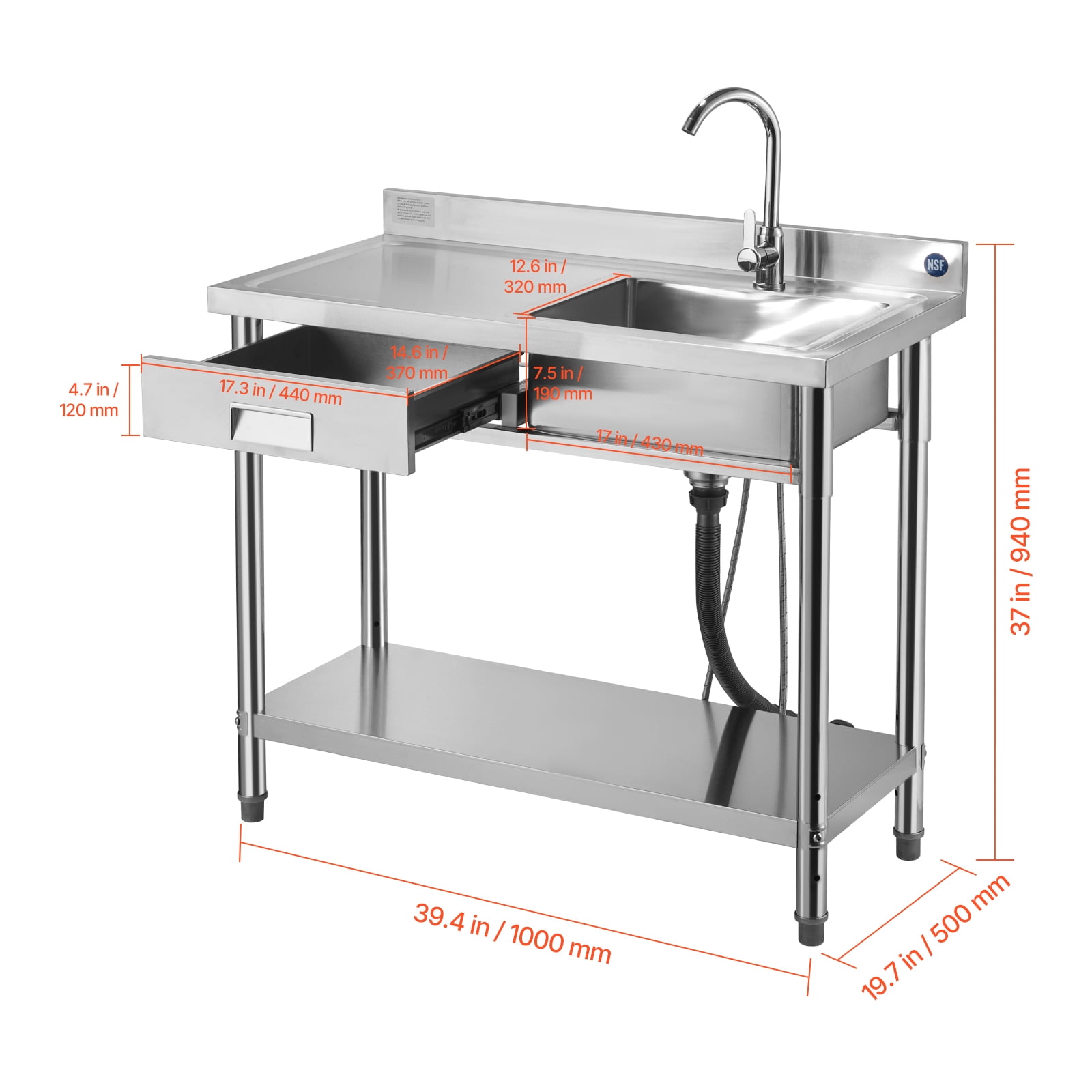 KFFKFF Stainless Steel Utility Sink Free-Standing Single Bowl Sink SUS201 Stainless Steel 37 Inch Black