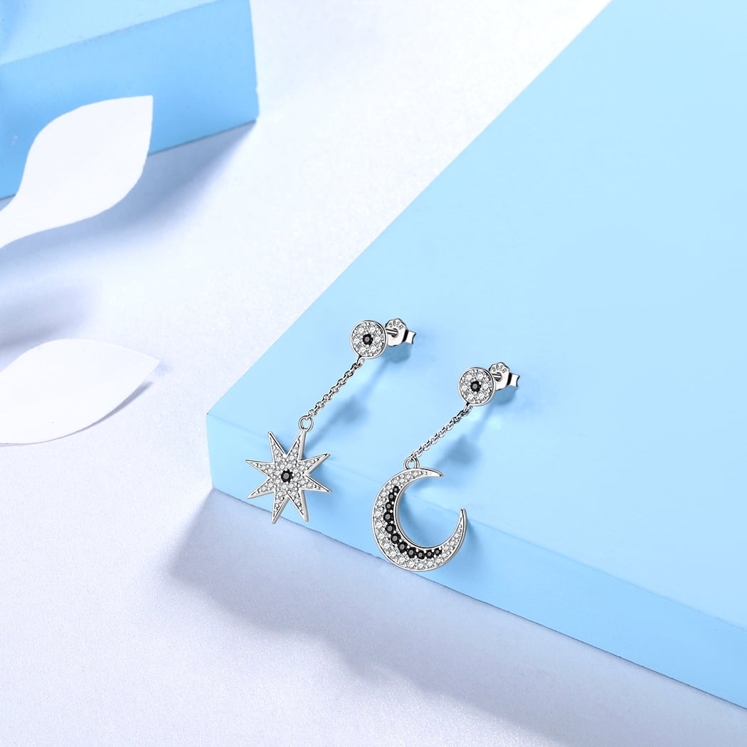 925 Sterling Silver Asymmetric Celestial Moon Star Drop Earrings Dangle Black CZ Fine Jewelry Women Mother Wife Christmas Valentine's Day Gift for Her