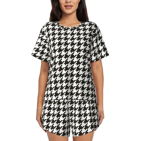 Gukieu Houndstooth Black And White Print Women's Short-sleeved Pajama Set, Round Neck Button Top Elastic Shorts 2-piece Set, Summer Home Leisure Clothing-Small