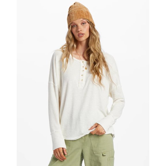 Billabong Women's Anyday Relaxed Fit French Terry Long Sleeve Henley Top Shirt (X-Small, Off White)