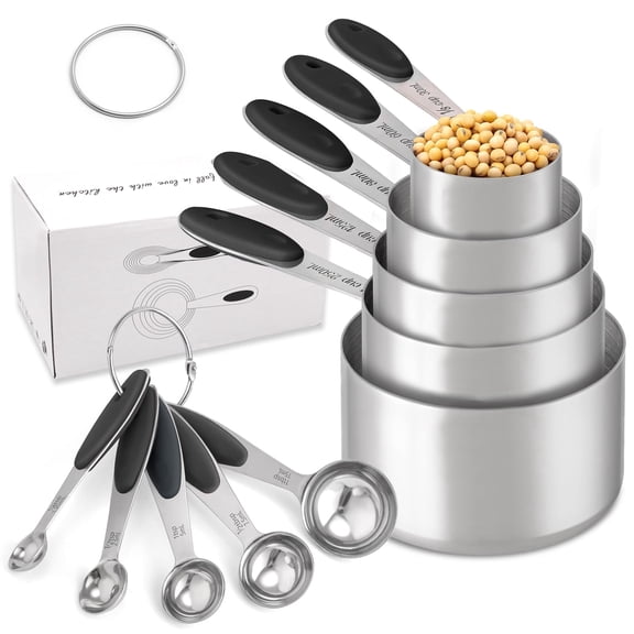 Style-Carry 10 Piece 304 Stainless Steel Measuring Cups and Spoons Set with Black Soft Grips, Metal Measuring Cup Spoon Kit for Baking Cooking Kitchen Accessories