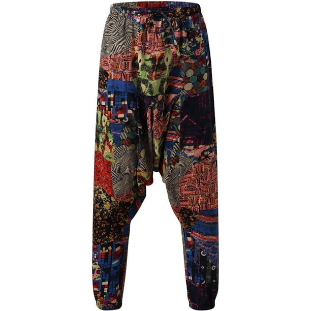 Pantalones de harén hippie para hombre, de lino, casuales, sueltos, con cordón, bohemio, gitano, Aladdin, playa, yoga, entrepierna, pantalones vino CH vino CH Xishao ropa