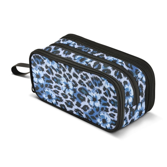 FORMRS Pencil Case with 3 Compartments School Large Capacity Zipper Pen Pouch Stationery Organizer, Blue Floral Leopard Pattern