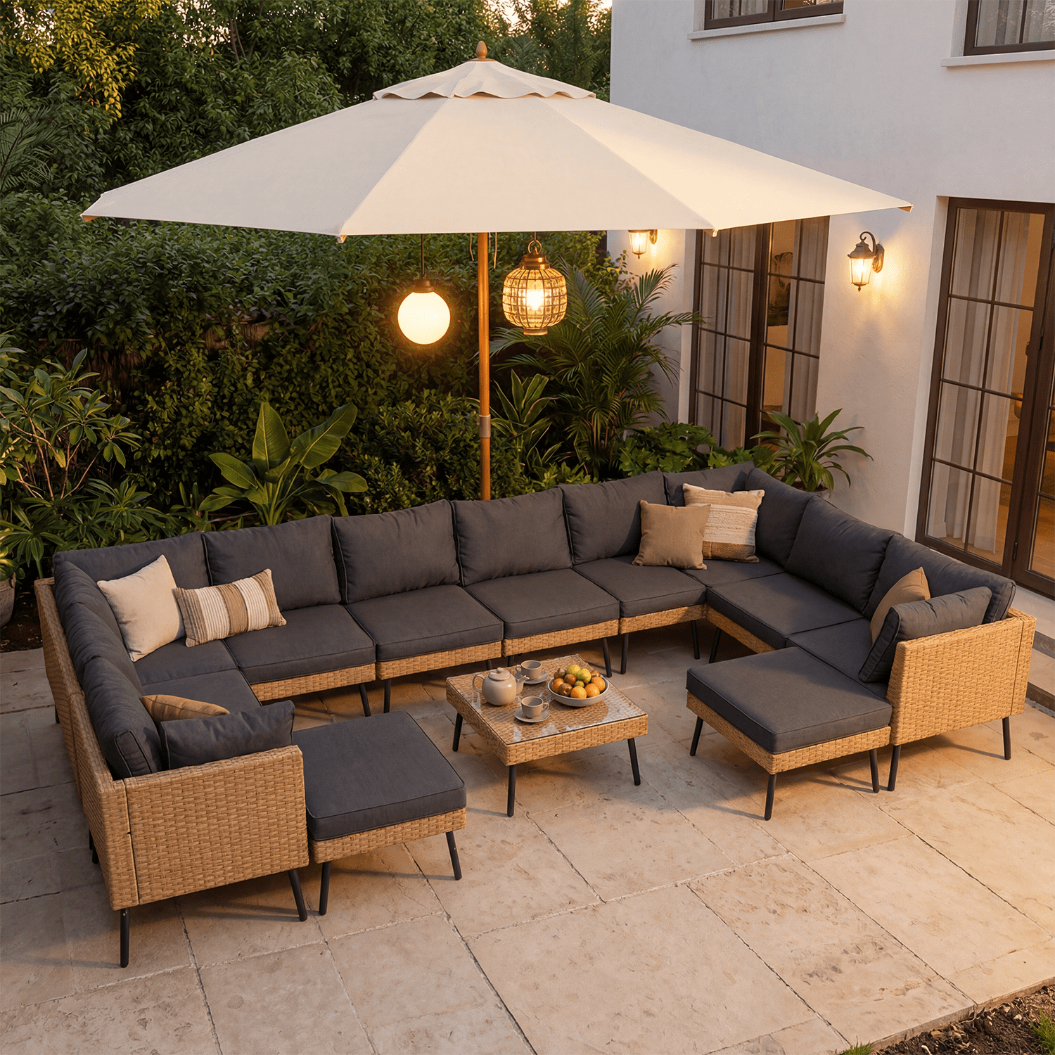 BaPiPro 13-Piece Outdoor PE Rattan Sectional Sofa Set, All-Weather Patio Conversation Set with Cushions & Tempered Glass Coffee Table, Suitable for Courtyard, Backyard and Garden, Black