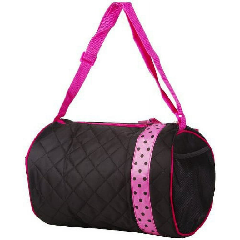 Private Label Girl s Quilted Nylon Dance Duffel Bag w Pink Polka Dot Bow Black