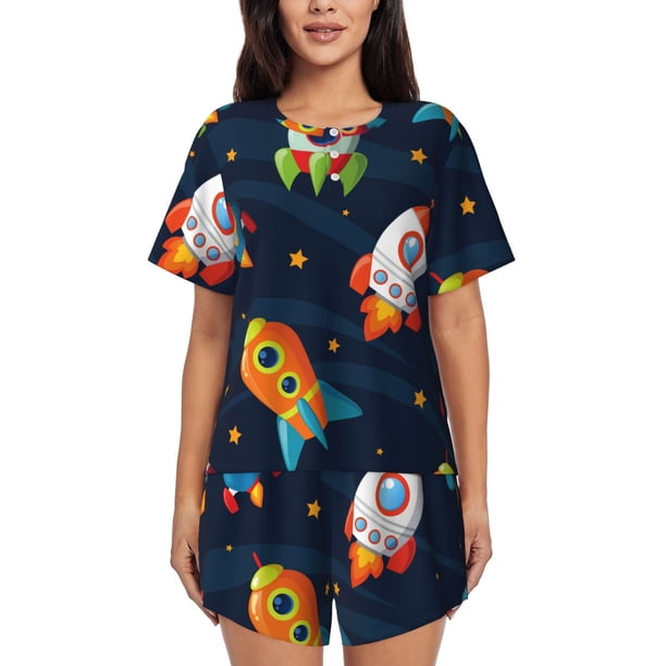 Balery Spaceships and Stars Conjunto de Pijama para Mujer con Estampado, Dos Piezas de Manga Corta y Shorts, Ropa de Dormir Suave con Cuello Redondo y Bolsillos-X-Large