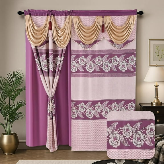 YHSF Jacquard Window Curtains for Living Room and Bedrooms - 54" W x 84" L 2-Panel Set Fancy Curtains with Valance Attached & 2 Tassle Tie Backs - Fancy Living Room Curtain with Valance - Purple