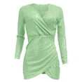 thumbnail image 5 of Robe Portefeuille Courte à Manches Longues à Col en V pour Femme, Brillante, Plissée, Cocktail, Fête, 5 of 5