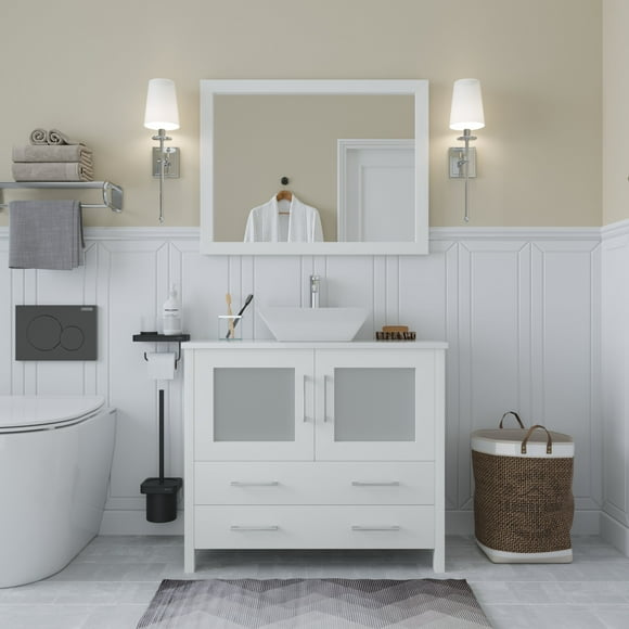 Vanity Art 36 in. W Single Sink Bathroom Vanity with Engineered Marble Top and Free Mirror