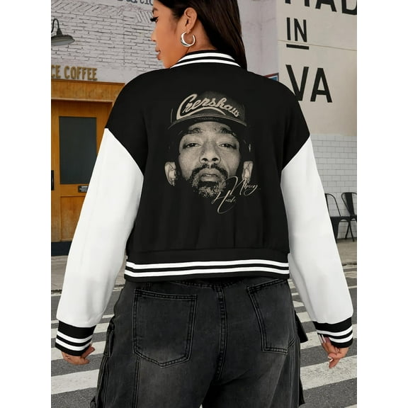 Women's Big Size Nipsey Hustle Baseball Jacket Hoodie Oversize Hip Hop Rap Vintage Music Musician
