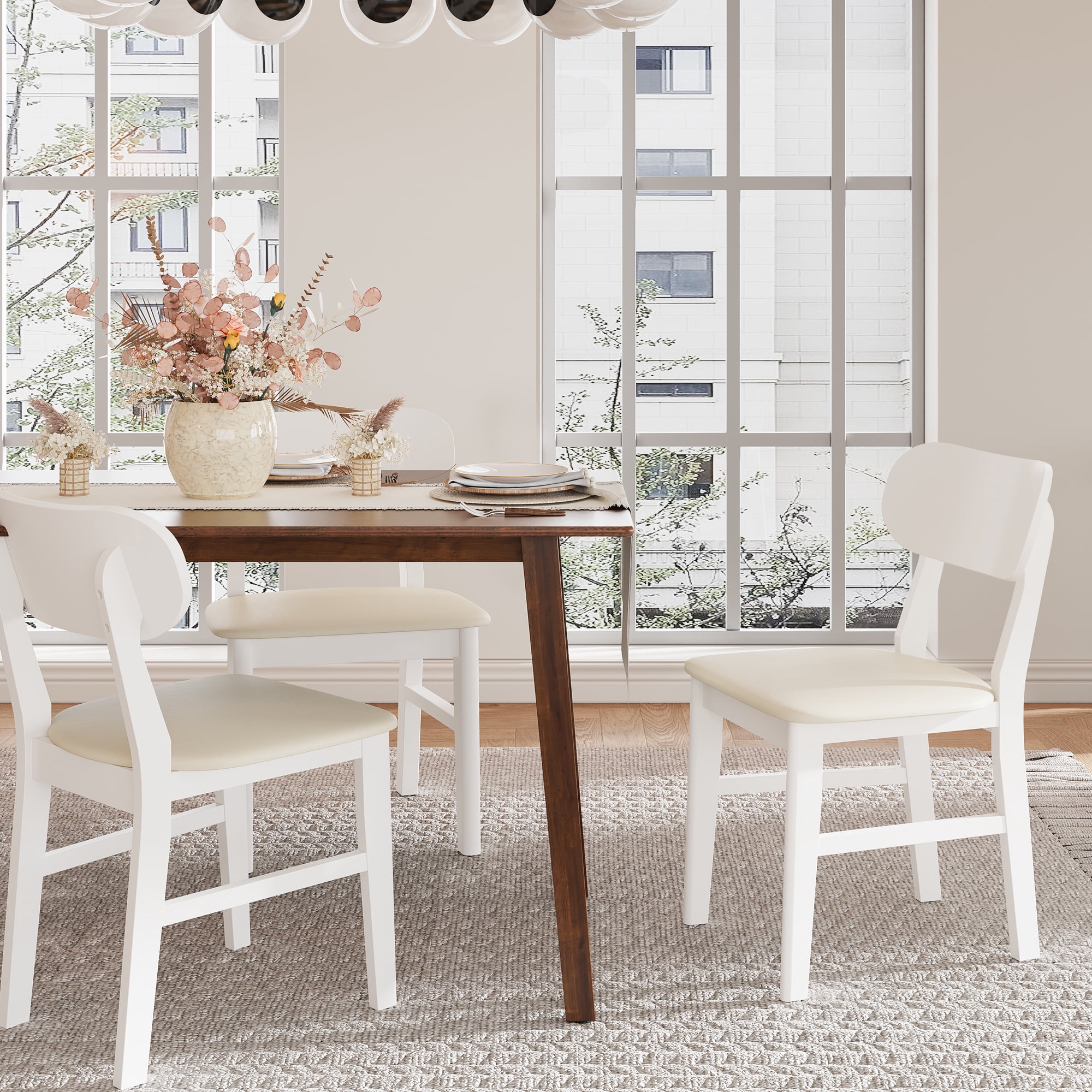 Set of 2 White Rubberwood Dining Chairs, Ergonomic Curved Back PU Leather Upholstered Chairs, 350 LBS Weight Capacity Easy to Clean Kitchen Dining Room Chairs with Non-Slip Foot Pads