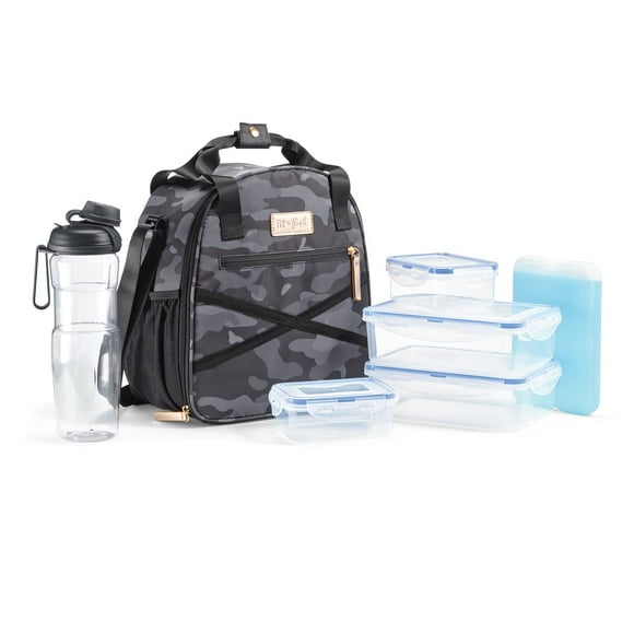 Fit & Fresh Kate Insulated Lunch Bag with Side Pouch & Carry Handles Complete Lunch Kit Includes Matching Tumbler 4 Containers & Ice Pack Black