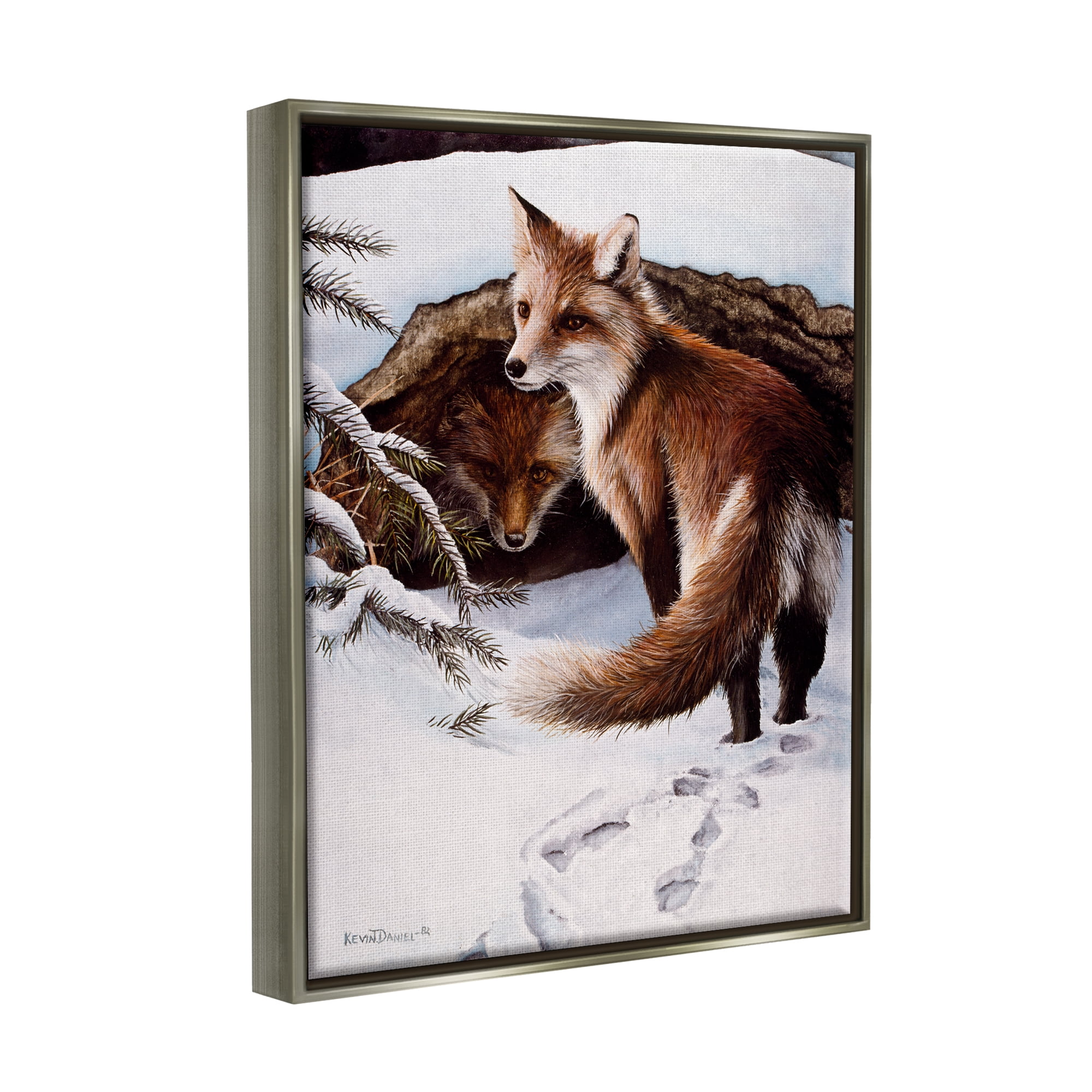 Stupell Industries Winter Foxes Wildlife Scene Animals & Insects Painting Gray Floater Framed Art Print Wall Art, 17 x 21