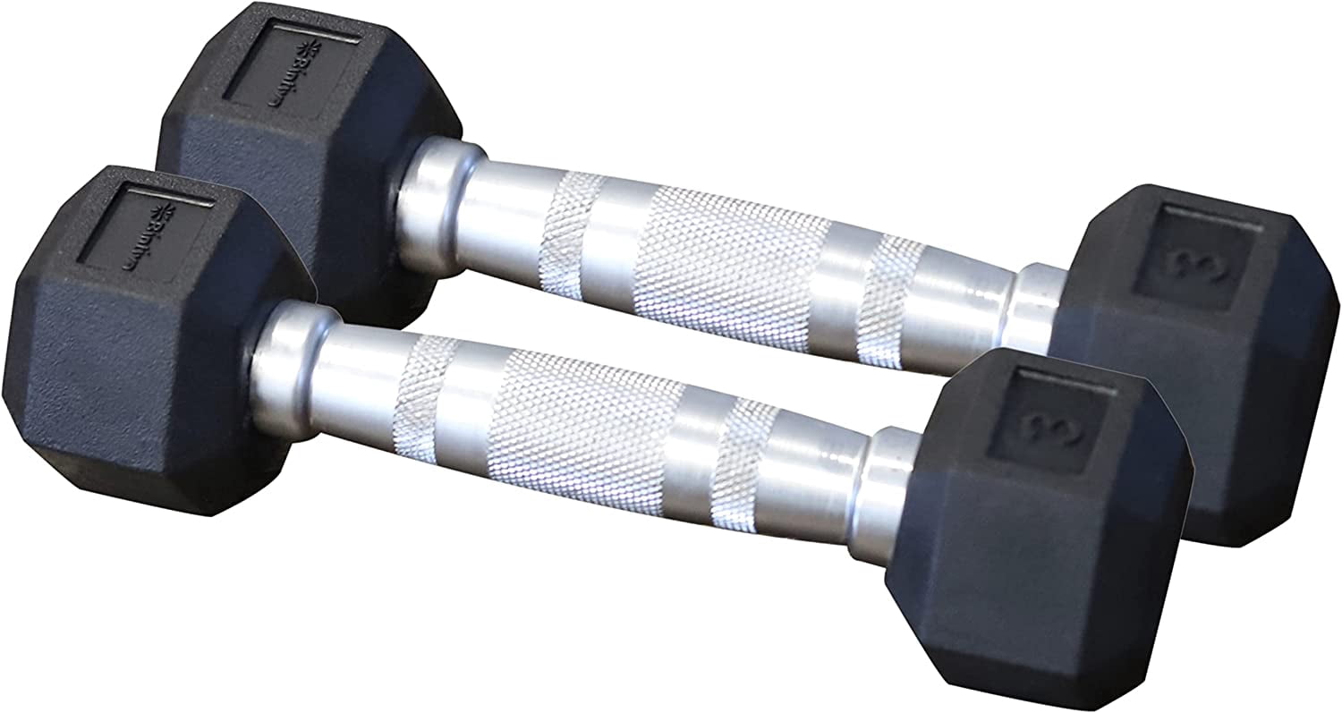 Rubber Coated Hexagon Dumbbells - Pairs - Encased Hand Weights for Men and Women