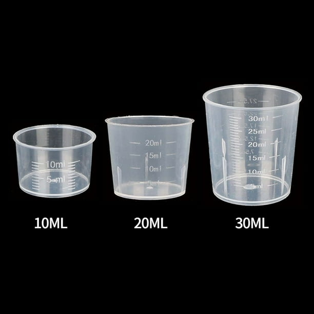 LITTLE HOME Plastic Measuring Cups Set of 20 - Transparent Dual Scale Containers for Kitchen & Lab Use - 10ml, 20ml, 30ml Calibrated Liquid Sample Measure Tools