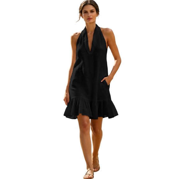 Huangx Women's Halter Neck Cover Up Dress - V Neck Summer Beach Sundress with Side Pockets, Casual Coastal Vacation Outfit Black L